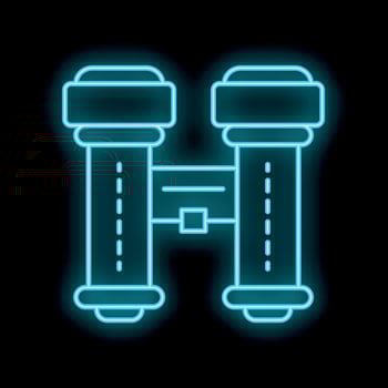 Glowing neon binoculars icon for travel and tourism vector