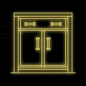 Yellow neon outline of a cabinet with drawers and doors on a black background vector