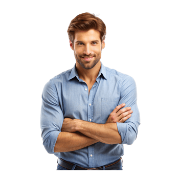 A man in a blue shirt and jeans standing with his arms crossed png