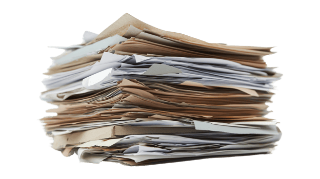Large pile stack of business documents papers administrative office corporate isolated on transparent background png