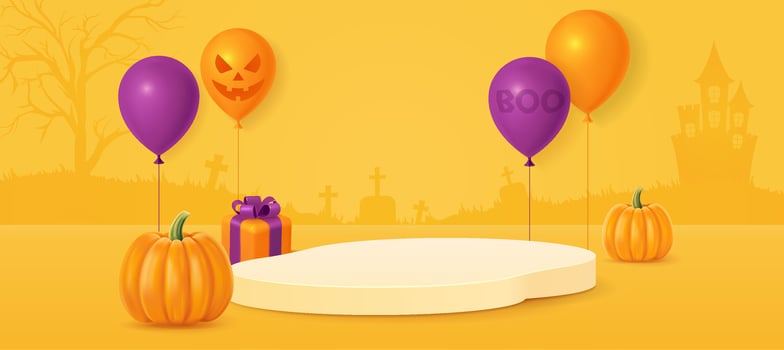 Halloween background with smiling pumpkins, balloons, gift boxes and sweets vector