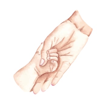 Mother and Newborn Baby Hands. Happy Motherhood and Family concept. Hand drawn Watercolor illustration for Mother's day isolated on a white background. For Baby shower and Gender Party Cards and vector