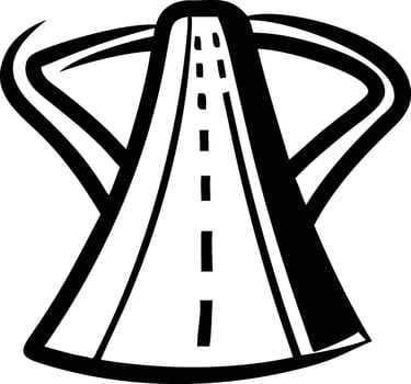 A black and white drawing of a road with a large arrow vector