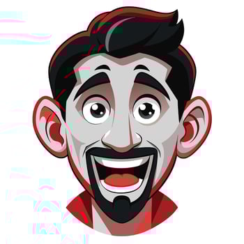 A cartoon illustration of a man with black hair and a goatee, smiling widely with his mouth open. vector