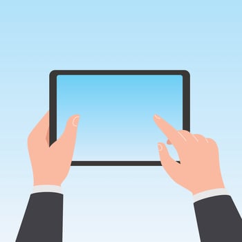 Hands holing tablet computer with blank screen. Using digital tablet, Touching on blank screen with finger vector
