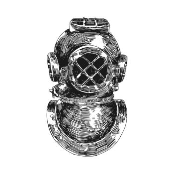 sketch hand drawing of old diving helmet. Transparent background. Etching scribble engraving illustration. png