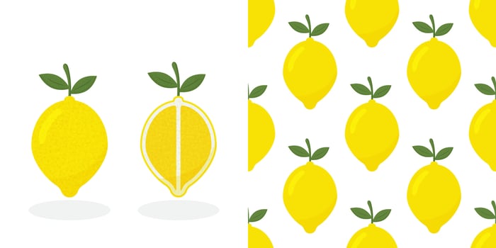 Fresh lemon fruits, collection of illustrations.Tropical seamless pattern with yellow lemons. Fruit repeated background. bright print for fabric or wallpaper vector