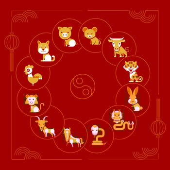 Set of Chinese zodiac mascots, cartoon character, Chinese horoscope zodiac collection, geometric minimal flat design, symbol vector