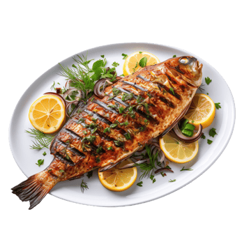 Grilled fish on a plate isolated on transparent background png