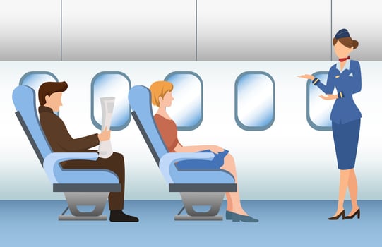 flight attendants give flight safety instructions to airplane passengers, airline safety concept vector