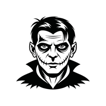 The face of a vampire is shown in black and white vector