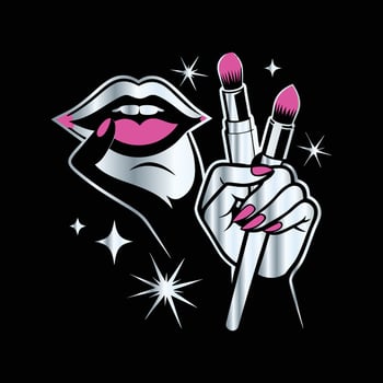 Female Hands with Pink Lipstick and Nail Polish Icon Set Logo Starry Beauty on Black Background. vector