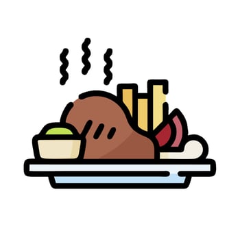 A plate with a roast chicken and fries on it vector