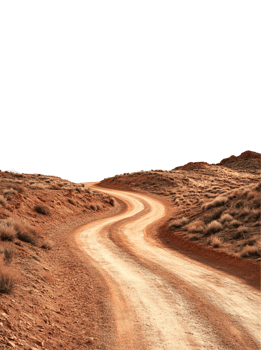 A winding dirt road, leading through a vast, arid desert landscape, disappears over the horizon, isolated on a transparent background. png