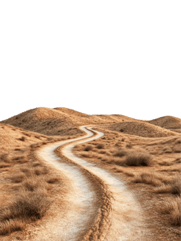 A winding dirt road, leading through a vast, grassy plain with rolling hills, stretches towards the horizon, isolated on a transparent background. png