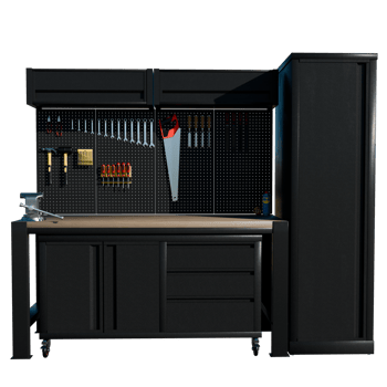 A black workbench with tools and a cabinet png