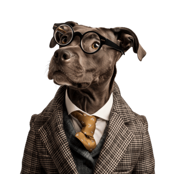 A dapper dog, sporting a tweed suit, a tie, and round glasses, gazes thoughtfully into the distance. png