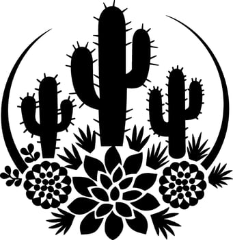 Cactus and flowers in a circle with a black and white background vector