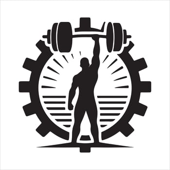 Man holding drumbbell for building body silhouette for logo design. vector