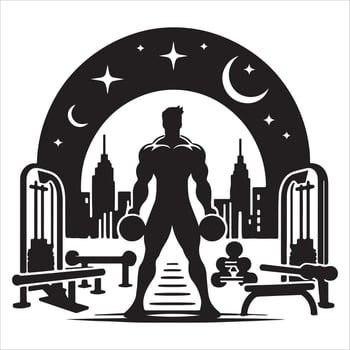Man exercise with gym instrument in city background vector