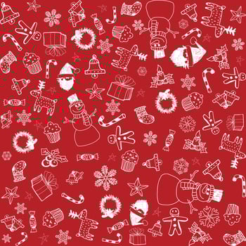 Christmas elements hand drawn childish style seamless pattern on red background graphic illustration. Merry Christmas gift wrapping paper template. vector