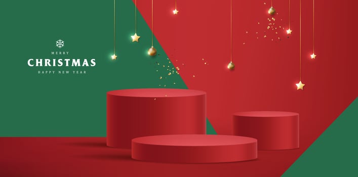 Merry Christmas banner with product display cylindrical shape vector