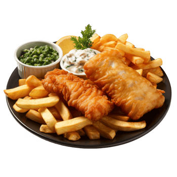 Fish and chips with a side of sauce png