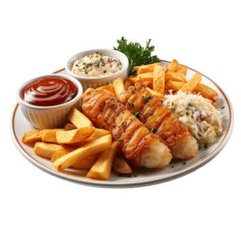 Fish and chips with ketchup and ketchup sauce png