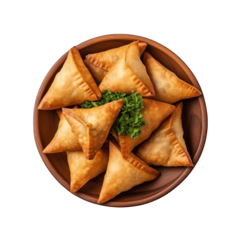 A plate of samosas with parsley on top png