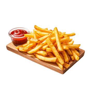 French fries on a wooden tray with ketchup png