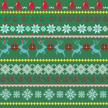 Seamless Pixel Art Christmas-Themed Sweater Pattern Design Featuring Rows of Reindeer, Snowflakes, Stars, Holly Berries, and Santa Hats on a Green Background, with Red, Blue, White, Yellow, and Pink vector