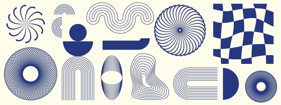 Hand drawn blue abstract minimal element mid century set. Aesthetic contemporary stripe line art, geometric shape in monochrome vector
