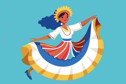 A vibrant dancer in a traditional dress performs a lively dance with a colorful skirt against a bright blue background vector