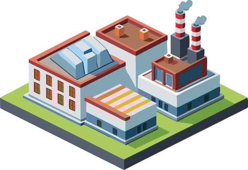 An isometric factory building representing industry, manufacturing, and production vector