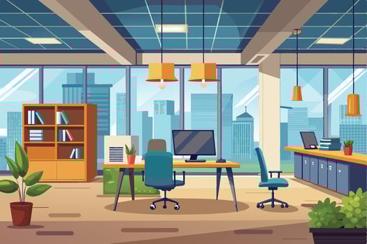Modern office interior design with furniture and city skyline view during daylight showcasing a productive workspace vector