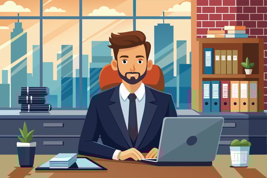 A professional man works at his desk with a laptop in a modern office overlooking a city skyline during a bright day vector