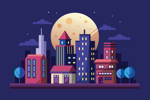A vibrant evening cityscape with colorful buildings under a full moon, highlighting urban life and architecture in a modern design vector
