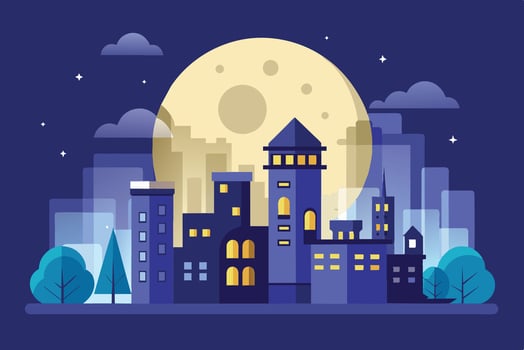 Nighttime cityscape with a large moon illuminating a modern skyline, featuring buildings, trees, and a starry sky vector