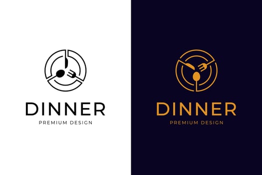 dish food logo icon design with spoon, fork, knife, and plate concept symbol for menu catering, restaurant and cafes logo design vector