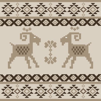 Pixelated Southwestern Textile with Brown Geometric Borders and Animal vector