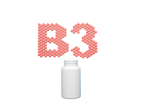 3d Empty White Pill Bottle With B3 Text Made Of Rounded Vitamin B3 Tablets 3d Illustration png