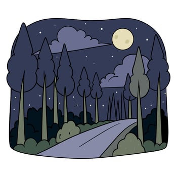 A dark gloomy forest in a moonlit night streets full with trees. vector