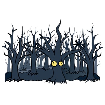 A cartoon illustration of a scary forest with trees and a creepy face vector