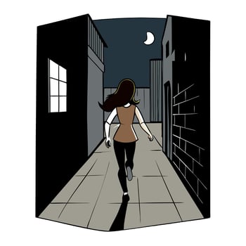 A woman walking down an alleyway at night vector
