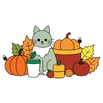 A cat is surrounded by autumn leaves and pumpkins vector
