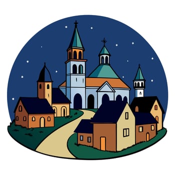 A cartoon of a church and town at night vector