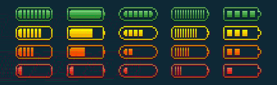Pixel battery charging icons. Full and low power energy level, charge load, mobile phone or accumulator indicator in 8bit retro style. Set of pixelated smartphone progress bar on dark background vector