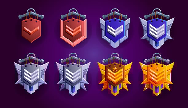 Level rank emblem pack. Progress level set for fantasy medieval games. Realistic colorful style. Bronze, silver, silvered, gold, golden materials. vector
