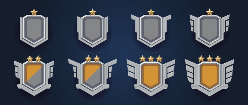 Player's progress emblem. Polished marble . Realistic coat of arms set in flat design style. Game rank and patents with stars. vector