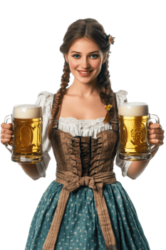 Waitress holding two large beer mugs at festival png